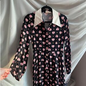 Joanie Pearl Button Collar Folk Heart Black Midi Dress 8 Femme Romantic Granny